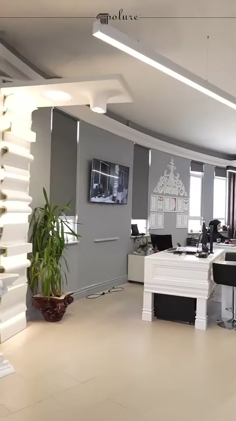 Gri duvarlı showroomda masa, bitki ve tavan profilleri görülüyor