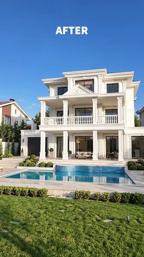 Bahçe ve havuzla birlikte görülen dekoratif profilli villa bütünü
